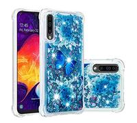 COTDINFOR pour Samsung Galaxy A50 Custodia Silicone Trasparente Design Ultrasottile Bling Glitter Flowing Liquido Quicksand Cute TPU Bumper Custodia per Galaxy A50 Blue Butterfly YB.