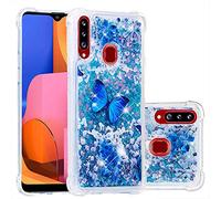 COTDINFORCA Case for Samsung Galaxy A20S Custodia Bling，Samsung A20S Liquid Cases Glitter Sparkle Floating Silicone Shockproof Phone Cover per Galaxy A20S Blue Butterfly YB.