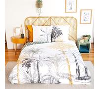 CÔTE DECO Parure da letto 1 copripiumino + 2 federe 63 x 63 cm, set copripiumino per 2 persone, verde e giallo tropicale, 100% cotone ammorbidito (240 x 220 cm)