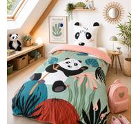 CÔTE DECO Parure da letto Panda 140 x 200 cm per bambini - copripiumino Panda con 1 federa 63 x 63 cm, orecchie trapuntate, tema animali della foresta in microfibra