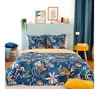 CÔTE DECO Parure da letto per 2 persone con copripiumino 260 x 240 cm + 2 federe da 63 x 63 cm, motivo foglie tropicali, 100% cotone ammorbidito blu (260 x 240 cm)