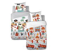 CÔTE DECO Parure da letto per bambini, reversibile, pompiere e pirata, copripiumino 140 x 200 cm + 1 federa 63 x 63 cm, 100% cotone biologico