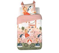 CÔTE DECO Parure da letto principessa 140 x 200 cm per bambini, copripiumino castello e unicorno, 1 federa 63 x 63 cm, con orecchie trapuntate, tema dungeon magico, 100% microfibra