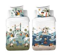 CÔTE DECO Parure da letto reversibile 140 x 200 cm per bambini - copripiumino bi-storia: pirati e cavalieri + 1 federa 63 x 63 cm reversibile - tema "in guardia" in microfibra
