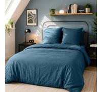 CÔTE DECO Parure da letto tinta unita - Set di copripiumino 240 x 220 cm + 2 federe 63 x 63 cm, in microfibra lavata (blu, 240 x 220 cm)