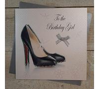 Cotone Bianco Carte Nero Stiletto Scarpa a Forma di Birthday Girl al Biglietto d'auguri Fatto a Mano Bianco