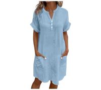 Cotone e Lino Vestito Elegante Donna Vestiti Donna Primavera Corti Scollo a V Vestito In Lino Comode Elegante Abito Maniche Corte Primavera Matrimonio Abbigliamento Tubino Sera Dresses Azzurro XXL