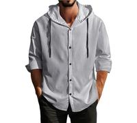 Cotone Lino Button Down Felpe con cappuccio Pullover Uomo Manica Lunga Oversize Loose Fit Casual Alla Moda Morbido Traspirante Estate Spiaggia Quotidiana Top Base, GY2., L