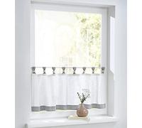 Cottage - Tendina da bistrò, a quadri, con passanti e sfere di legno, in puro cotone, per cucina, larghezza 120 cm x altezza 35 cm