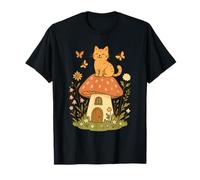 Cottagecore Cat on Mushroom House with Butterflies And Flowe Maglietta