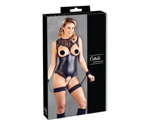Cottelli Bondage - body aperto lucido con polsini per polsi - nero