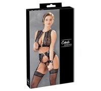 Set di Lingerie Bondage in Pizzo e Strisce Lucide con Borchie e Polsiere (4 pezzi)
