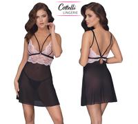 Cottelli Lingerie Set Babydoll Corto in Powernet Nero e Pizzo Rosa con Mutanda