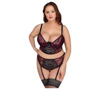 Cottelli Curves Longline Bra & Suspender Thong 2-Tone Lace Set 2214474 Black 90C/XL