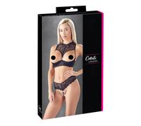 Cottelli - Set di reggiseno aperto con anelli e strass (nero)