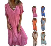 Cotton And Linen V-Neck Midi Dress,Dress, Linen Dresses for Women,A Line Linen Long Dress, Solid Casual Dress (Rose,L)