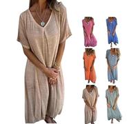 Cotton And Linen V-Neck Midi Dress,Dress, Linen Dresses for Women,A Line Linen Long Dress, Solid Casual Dress (Apricot,XXL)