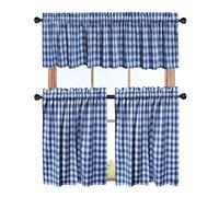 COTTON CRAFT Set di 3 tende per finestre a livelli, motivo a quadretti, colore blu e bianco, con mantovana, 100% cotone, per cucina, fattoria, rustica, lavanderia, camera da letto