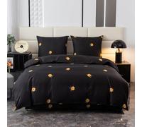 Cotton Market Biancheria da letto 155 x 200 cm, in microfibra di cotone, 3 pezzi, con chiusura lampo, copripiumino con 2 federe da 70 x 80 cm, motivo floreale, colore: nero