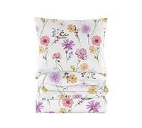 Cotton Market Completo Lenzuola Matrimoniali Cotone - 155x200 cm - Copripiumino Matrimoniale Set con Cuscino 70x80cm - Biancheria da Letto a Fantasi - Bianco e Rosa, Fiori di Campo