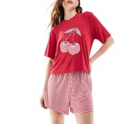 Cotton On - Pigiama in jersey morbidissimo a maniche corte color ciliegia caldo a quadretti-Rosa S