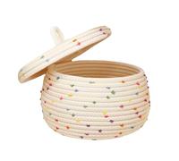 Cotton Rope Woven Storage Bin, Baby Nursery Hamper Bin with Lids, Round Rainbow Pompoms Braided Laundry Hamper with Handle, Washable for Storing Yarn, Keys, Toys, Baby Nursery Hamper Bin