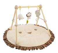 COTTONBEBE 4 IN 1 Palestrina per Neonati, Tappeto di Gioco con Legno Naturale, 3 Giochi Rimuovibili da Afferrare, Montessori per 0-3-6-12-36 Mesi, Leone Marrone