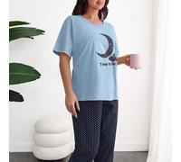 Cottonline Set pigiama da donna taglia over con 2 pezzi: camicia a maniche corte con stampa luna a contrasto e pantaloncini da notte con stampa stelle 0XL,1XL,2XLGraficoTessuto