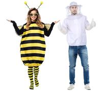 Cotwinter Coppia Halloween Bee Costumi Adulto Apicoltore Giacca Tuta Halloween Bee Dress Fascia per Donne Uomini Cosplay, Giallo, Nero, Bianco, Grigio, Large