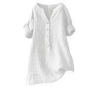 Couawaticy Camicette estive da donna in lino con bottoni con scollo a V Boho Top a maniche corte in tinta unita Camicette leggere per vacanze al mare con tasche, 1-bianco, S