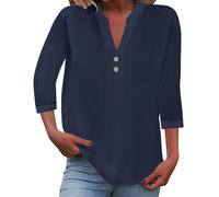 Couawaticy Top in cotone e lino per le donne taglie forti 3/4 manica ad aletta estate scollo a V camicie lunghe da donna casual sciolto tinta unita camicette larghe tunica top t-shirt garza, Blu scuro