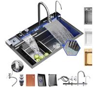 Coubird Lavello da cucina multifunzionale, lavello da cucina nero 1 vasca con sgocciolatoio 85x50 cm, lavello moderno a cascata, adatto per cucina, bar (Grigio scuro, 85X45CM)