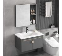 Coubird Set da bagno con mobiletto da 500 mm, mobiletto con lavabo, armadietto da parete con specchio, 1 foro per rubinetto, lavabo in ceramica con rubinetto e raccordi di scarico (grigio, 710 mm)
