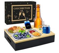 Couchbar - Contenitore per snack con scatola regalo, in legno, per divano e divano, con ciotole per snack in acciaio inox, organizer per snack bar, coperchio rimovibile (Nero)