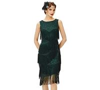 Coucoland 1920s Abito da donna con collo tondo elegante da sera con frange multistrato, stile retrò anni 20, stile grande Gatsby, abito da cocktail, abito da donna, costume di carnevale, Verde scuro
