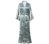 Coucoland, vestaglia estiva da donna, kimono, maxi lungo, in raso, con stampa floreale verde Taglia unica