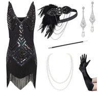Coucoland Vestito Anni '20 Donna Abito con Profondo Scollo a V e Senza Schienale Vestiti Anni '20 con Paillettes e Frange in Rilievo, per Cocktail, Matrimoni, Feste, ECC