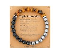 couduan Braccialetto a tripla protezione da uomo, braccialetto in occhio di tigre, da uomo, 8 mm, ossidiana nera, ematite naturale, braccialetto per la salute, gioielli regalo per compleanno