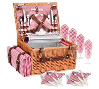 Couleeur Cestino da Picnic in Vimini per 4 Persone, Cesto Picnic con Scomparto Termico, Coperta Impermeabile, Piatti, Bicchieri, Posate, per Campeggio, Festa all'Aperto, Spiaggia, Escursioni, Rosso