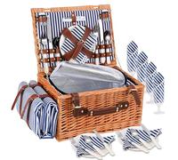 Couleeur Cestino da Picnic in Vimini per 4 Persone, Cesto Picnic con Scomparto Termico, Coperta Impermeabile, Piatti, Bicchieri, Posate, per Campeggio, Festa all'Aperto, Spiaggia, Escursioni, Blu