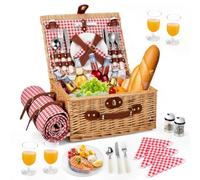 Couleeur Cestino da Picnic in Vimini per 4 Persone, Cesto Picnic Vintage, con Scomparto Termico, Coperta Impermeabile, Posate, per Campeggio, Festa all'Aperto, Spiaggia, Rosso