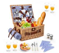 Couleeur Cestino da Picnic in Vimini per 4 Persone, Cesto Picnic Vintage, con Scomparto Termico, Coperta Impermeabile, Posate, per Campeggio, Festa all'Aperto, Spiaggia, Blu