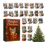 Countdown to Christmas, 2D - Decorazione natalizia a forma di gatto in acrilico 2D, 24 pezzi, per auto, retrovisore, aula, calza della Befana, feste, giardino, albero
