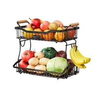 Countertop Fruit Basket - 2 Tier Vegetable Holder Wire Bin, Multi-Tiered Storage Basket with Wooden Handles for Fruits, Vegetables, Snacks, Bread | Household Kitchen, Pantry, Tabletop Organizer