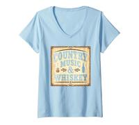 Country Music & Whiskey Vintage Western Uomo Maglietta con Collo a V, Donna, Celeste, S