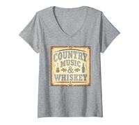 Country Music & Whiskey Vintage Western Uomo Maglietta con Collo a V, Donna, Grigio Melange, S