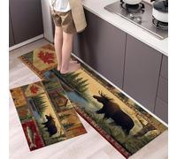 Country Retro Set di 2 tappeti da cucina antiscivolo, 43x75+43x150cm, Casa In Legno Con Alci Patchwork tappeto cucina decorazione per casa impermeabili, anti-affaticamento - Rosso Brunastro
