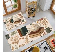 Country Retrò Set Di Tappeti Da Cucina 2 Pezzi Con Passatoia - Libri Piante Set Di Tappetini Da Cucina Lavabili Per Pavimento Zerbino Per Cucina Lavanderia, 43x75+43x150cm