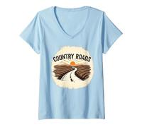 Country Roads Uomo Rurale Tramonto Grafica Maglietta con Collo a V, Donna, Celeste, S