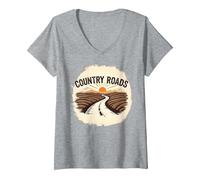Country Roads Uomo Rurale Tramonto Grafica Maglietta con Collo a V, Donna, Grigio Melange, M